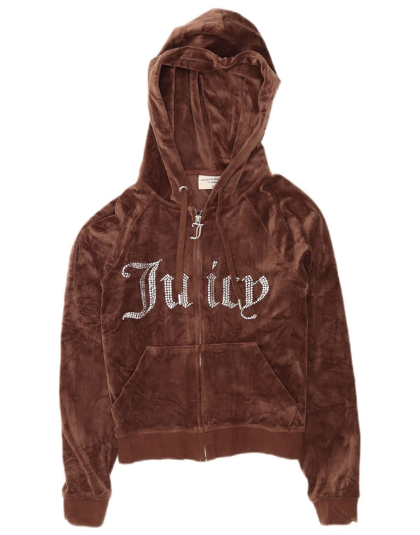 Juicy Couture Damen Crop Graphic Velour Zip Hoodie Pullover UK 6 XS Braun