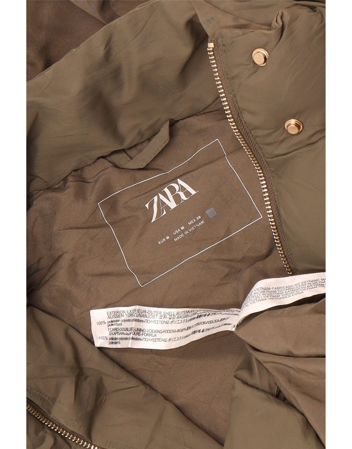 Zara Damen Longline Hooded Wattierte Weste UK 14 Medium Khaki Polyester