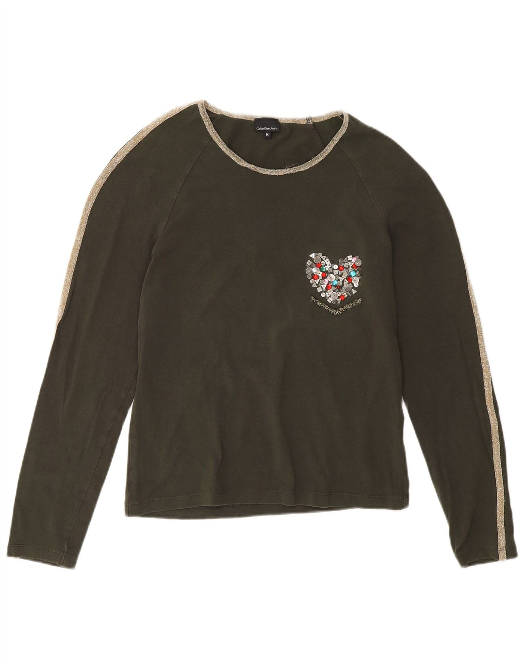 Calvin Klein Jeans Damen Top Langarm UK 12 Medium Khaki Baumwolle