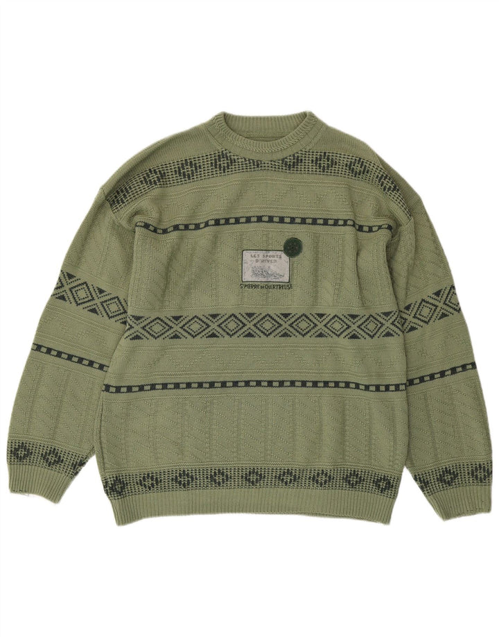 Vintage Herren Pullover mit grafischem Rundhalsausschnitt, mittelgrün, geometrisch