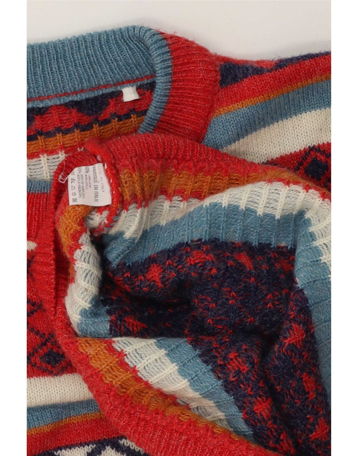 Vintage Herren-Pullover mit Rundhalsausschnitt, große, mehrfarbige, geometrische Wolle