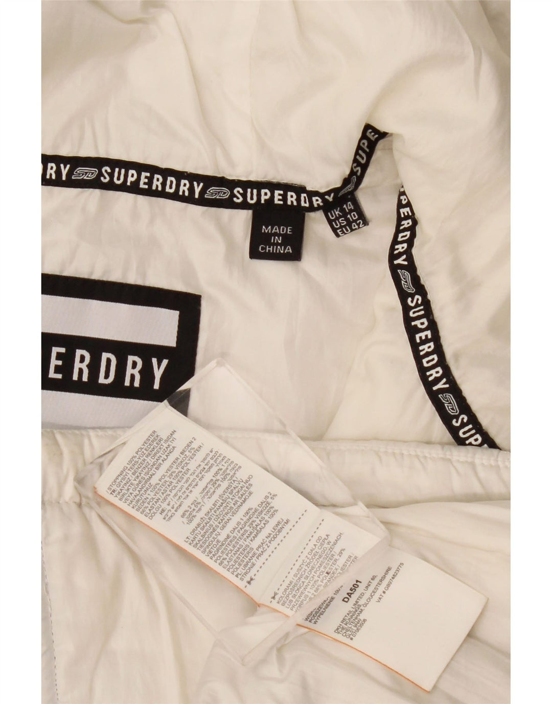 Superdry Steppjacke mit Kapuze für Damen, UK 14, Größe L, Weiß, Farbblock