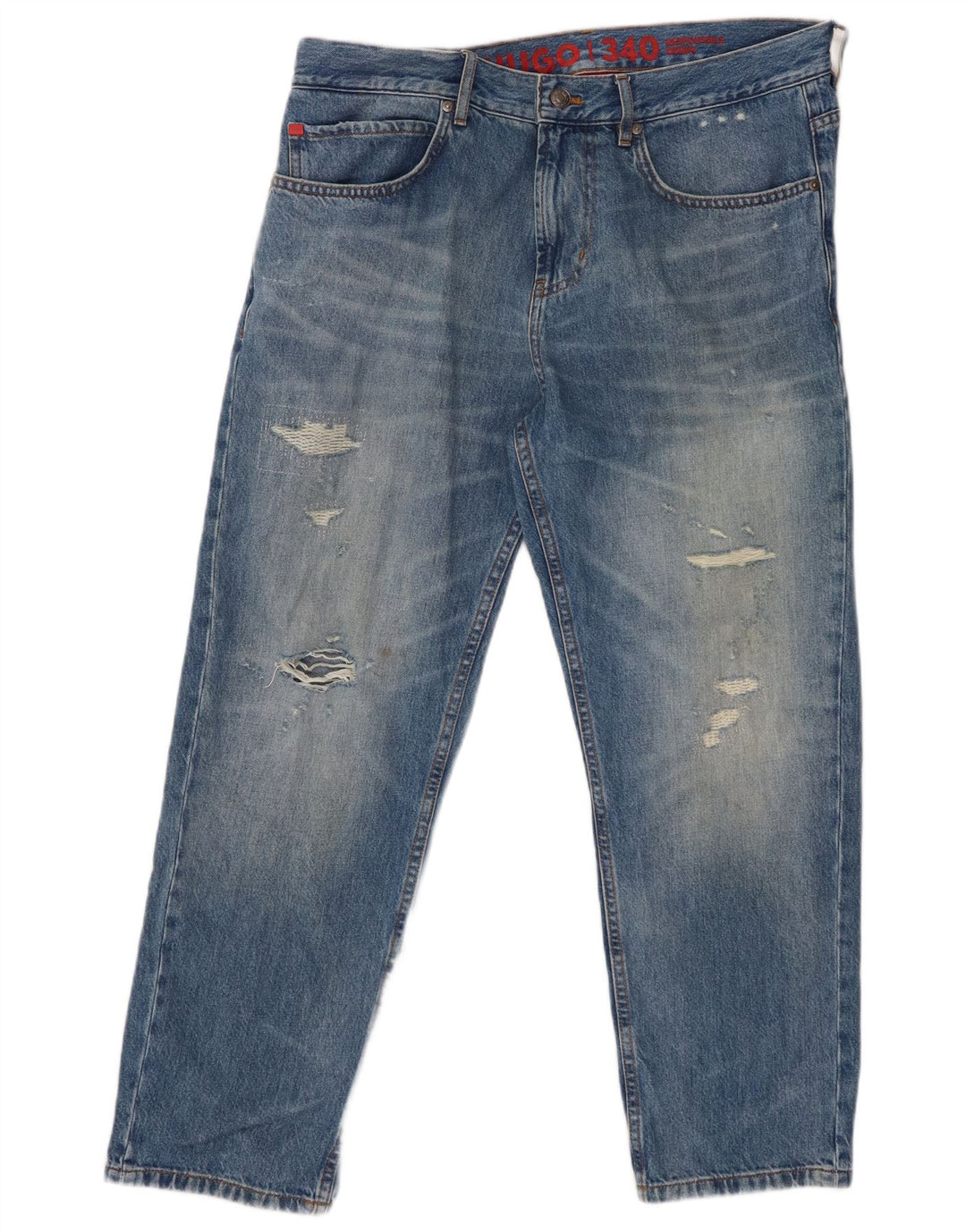HUGO BOSS Herren Distressed Straight Jeans W34 L27 Blaue Baumwolle
