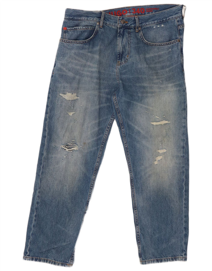 HUGO BOSS Herren Distressed Straight Jeans W34 L27 Blaue Baumwolle