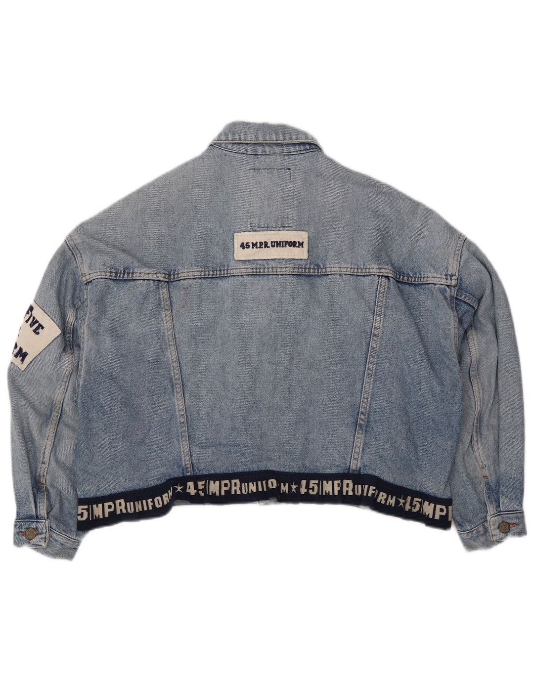 UNIFORM Damen Crop Graphic Jeansjacke UK 14 Large Blau