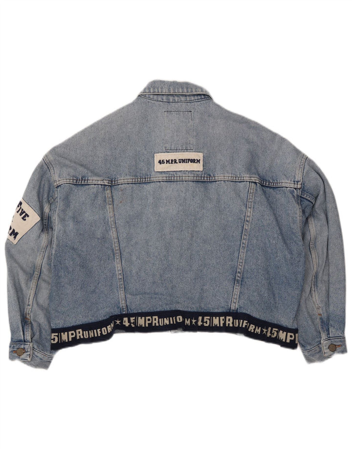 UNIFORM Damen Crop Graphic Jeansjacke UK 14 Large Blau