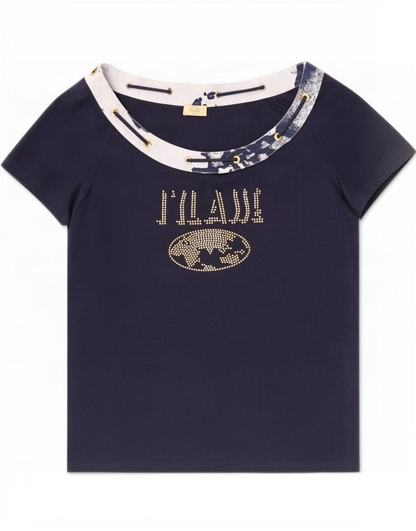 ALVIERO MARTINI Damen Grafik-T-Shirt-Oberteil UK 20 2XL Marineblau Farbblock