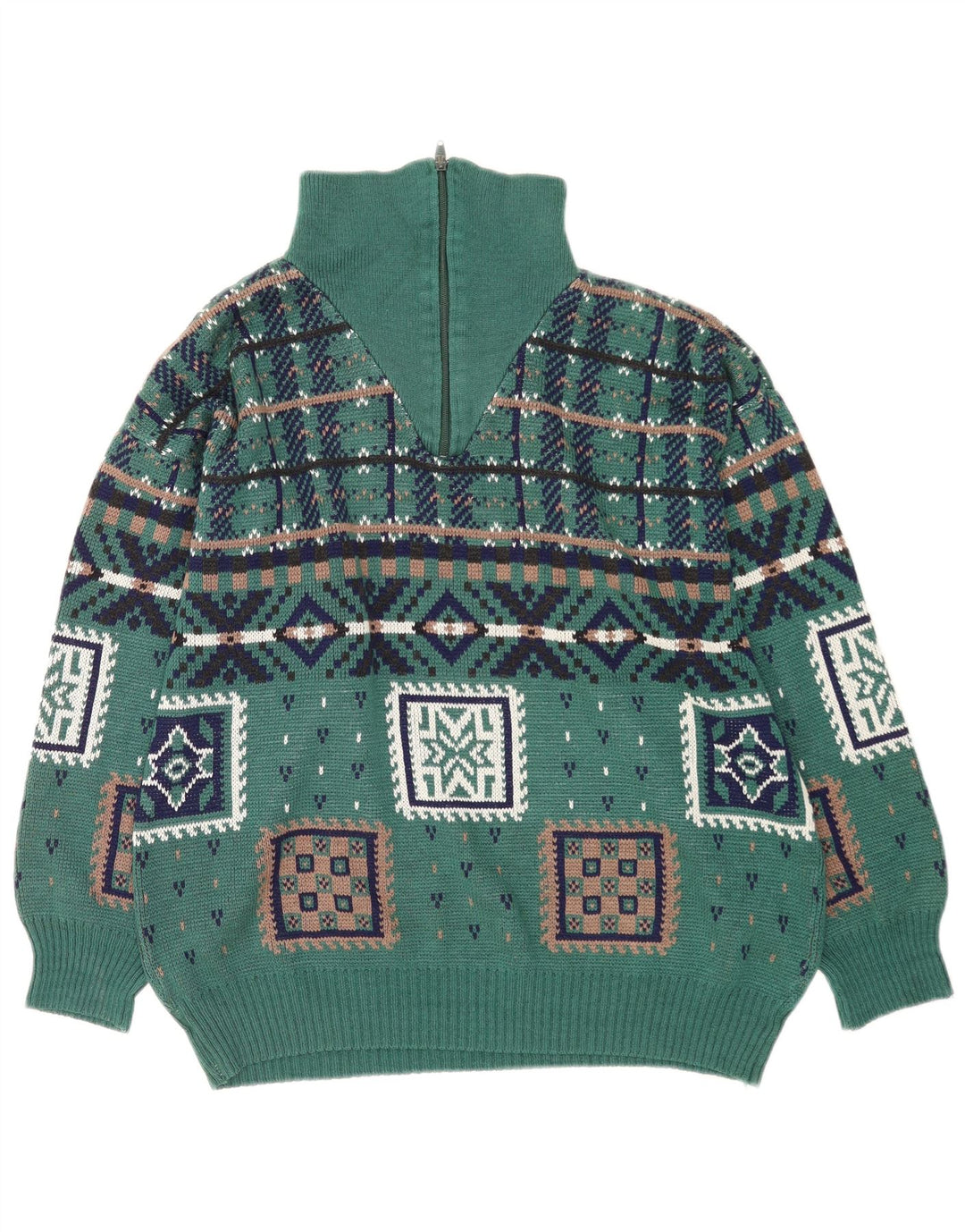 Vintage Herren-Pullover mit Reißverschluss, groß, grün, geometrisch, Polyacryl