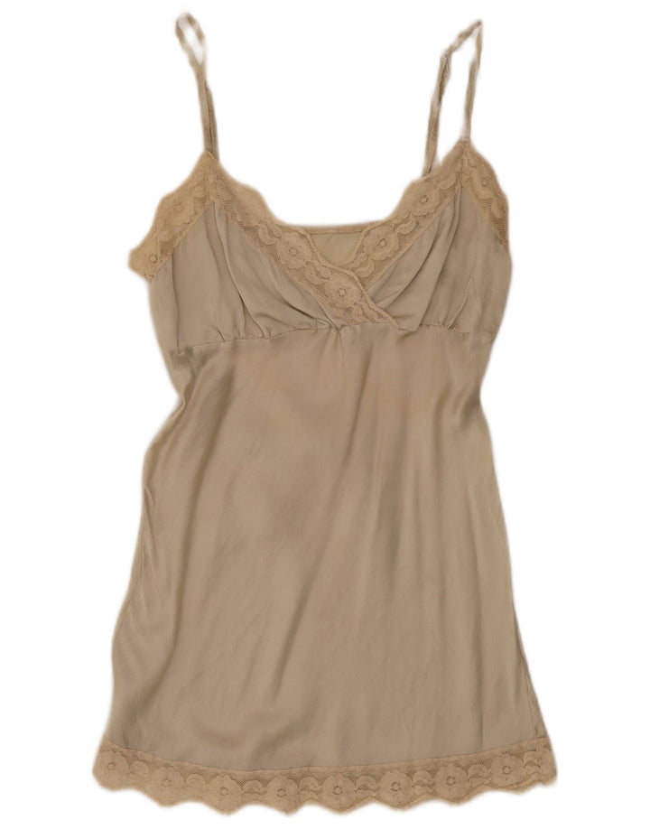 Vintage Damen Nachtwäsche Cami Top UK 12 Mittelbeige geblümte Seide