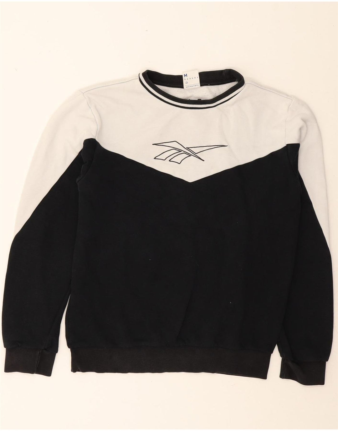 REEBOK Mens Graphic Sweatshirt Jumper Medium Black Colourblock Cotton Vintage Reebok and Second-Hand Reebok from Messina Hembry 