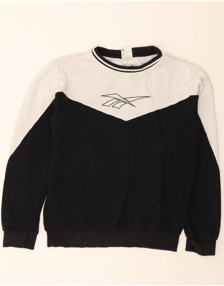 REEBOK Mens Graphic Sweatshirt Jumper Medium Black Colourblock Cotton Vintage Reebok and Second-Hand Reebok from Messina Hembry 