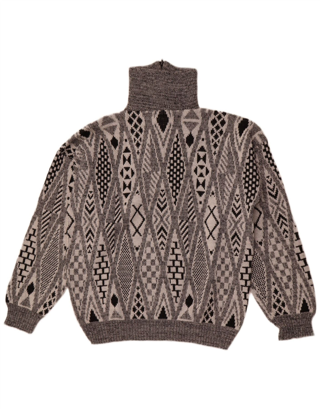 Vintage Herren-Pullover mit Reißverschluss, groß, grau, geometrisch, Acryl