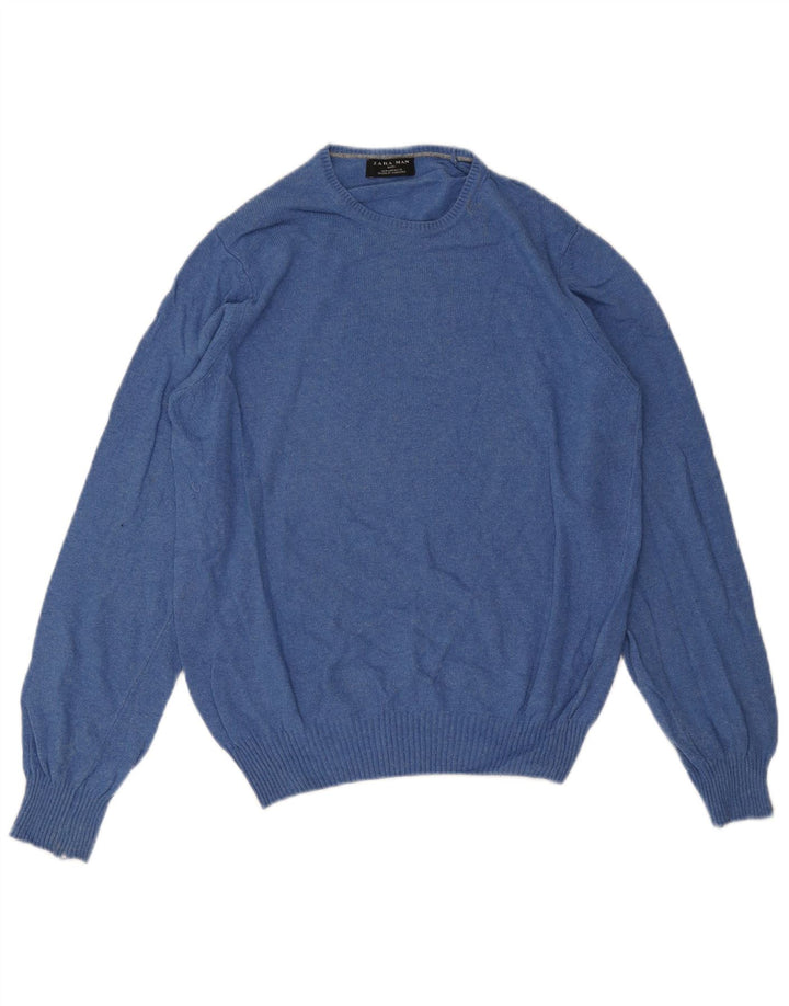ZARA Herren-Pullover mit Rundhalsausschnitt, mittelblaue Viskose