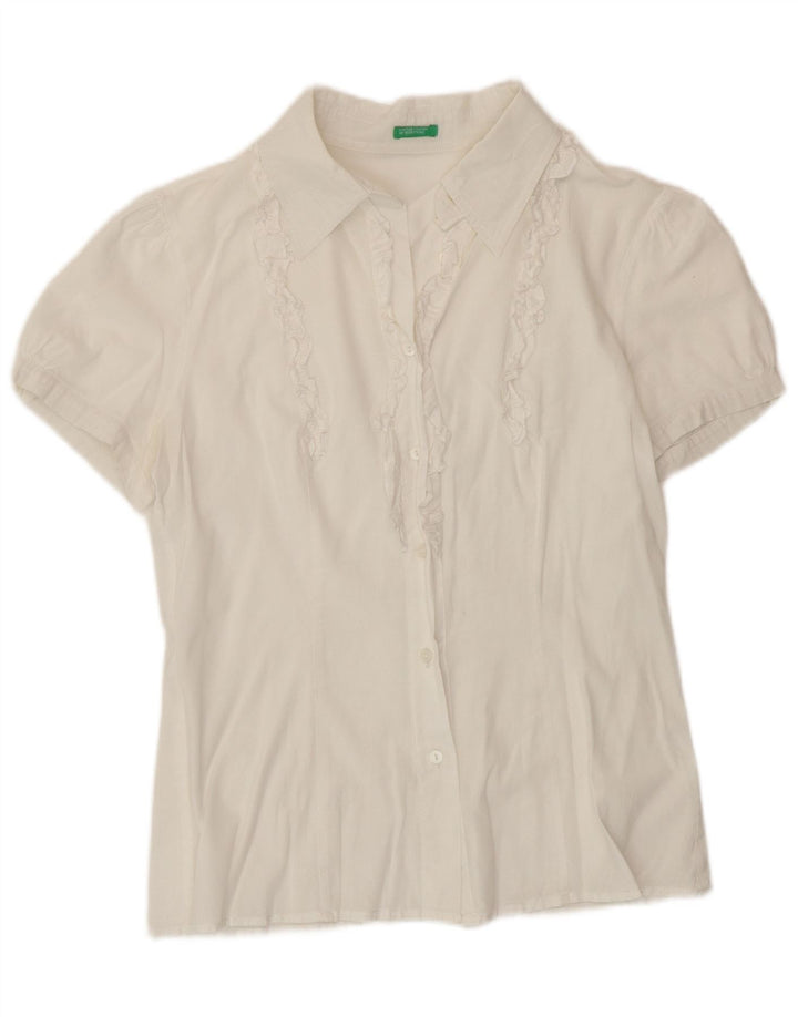 Benetton Damen-Hemdbluse mit Rüschen vorne, kurzärmlig, UK 12, Mittelweiß