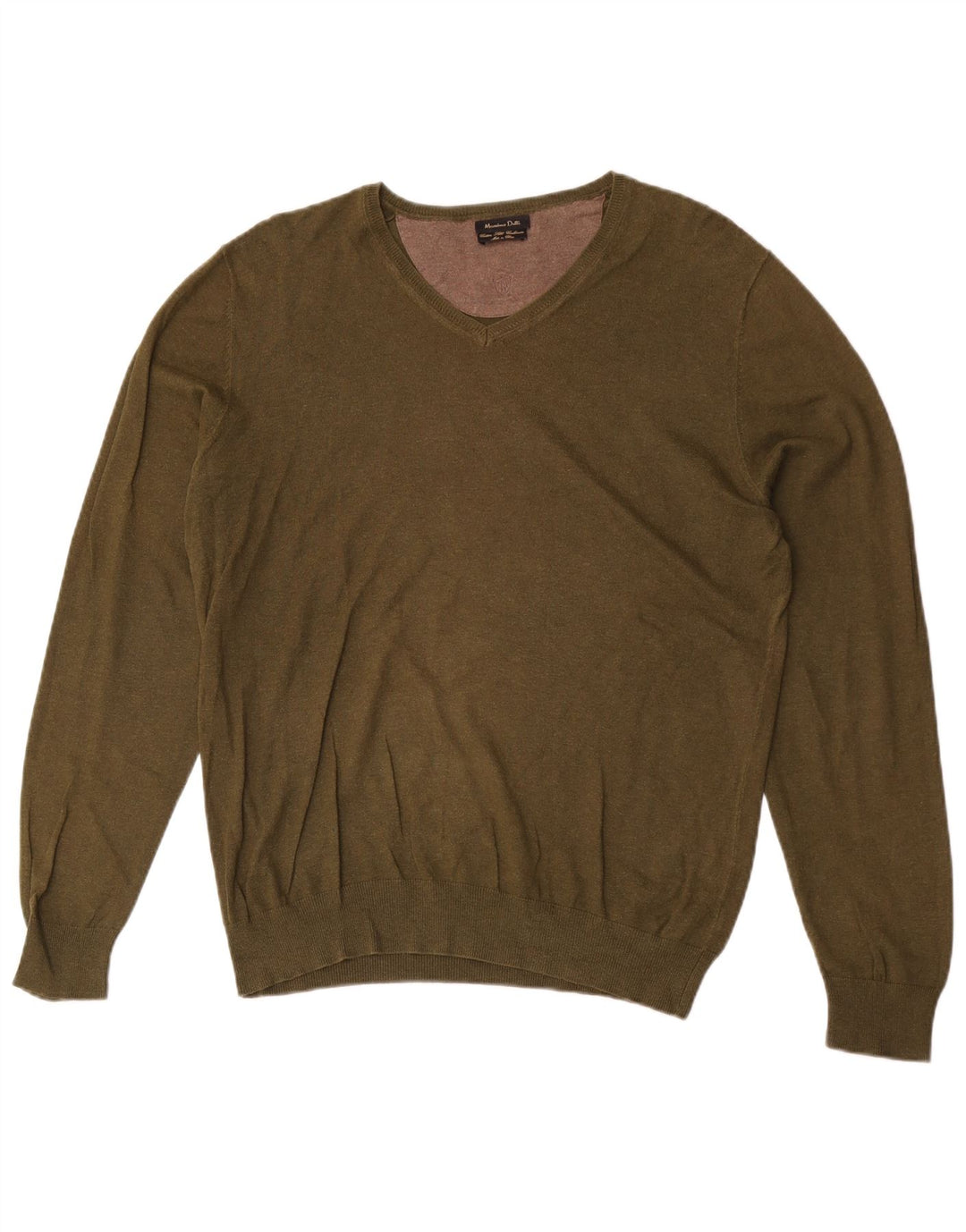 Massimo Dutti Herren-Pullover mit V-Ausschnitt, mittlere Khaki-Baumwolle