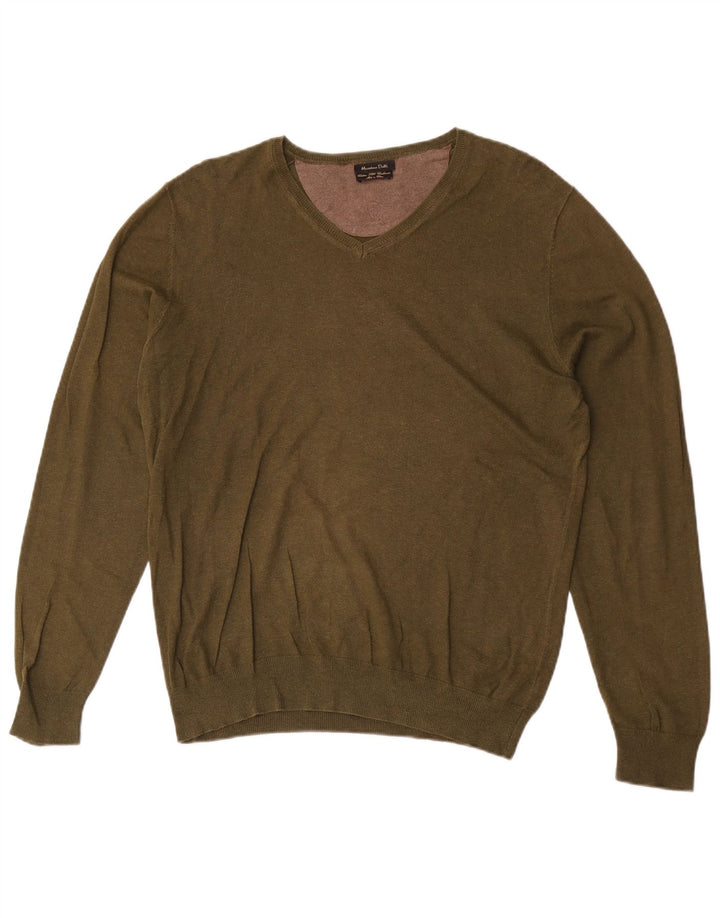 Massimo Dutti Herren-Pullover mit V-Ausschnitt, mittlere Khaki-Baumwolle
