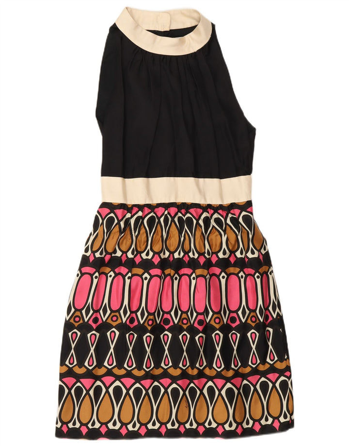 MILLY Damen ärmelloses A-Linien-Kleid US 6 Mittelschwarze geometrische Seide