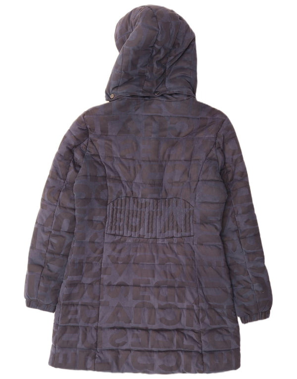 Desigual Womens Graphic Hooded Wattierter Mantel EU 40 Mittelmarineblaues Polyester