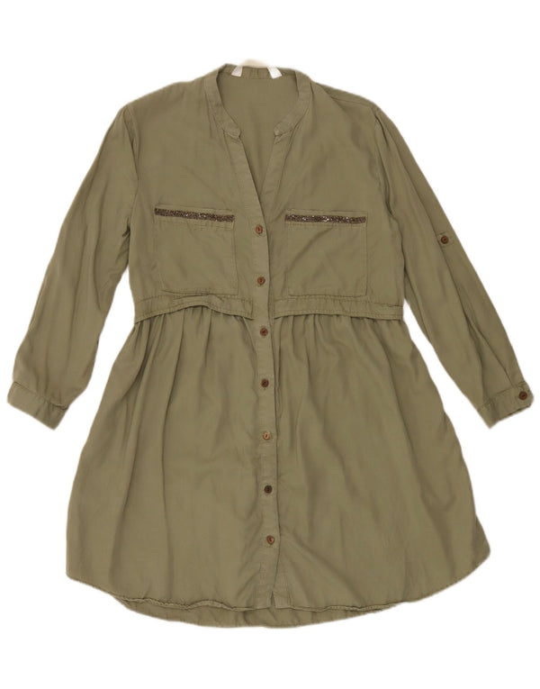 Zara Damen Langarm-Hemdkleid UK 10 Small Khaki