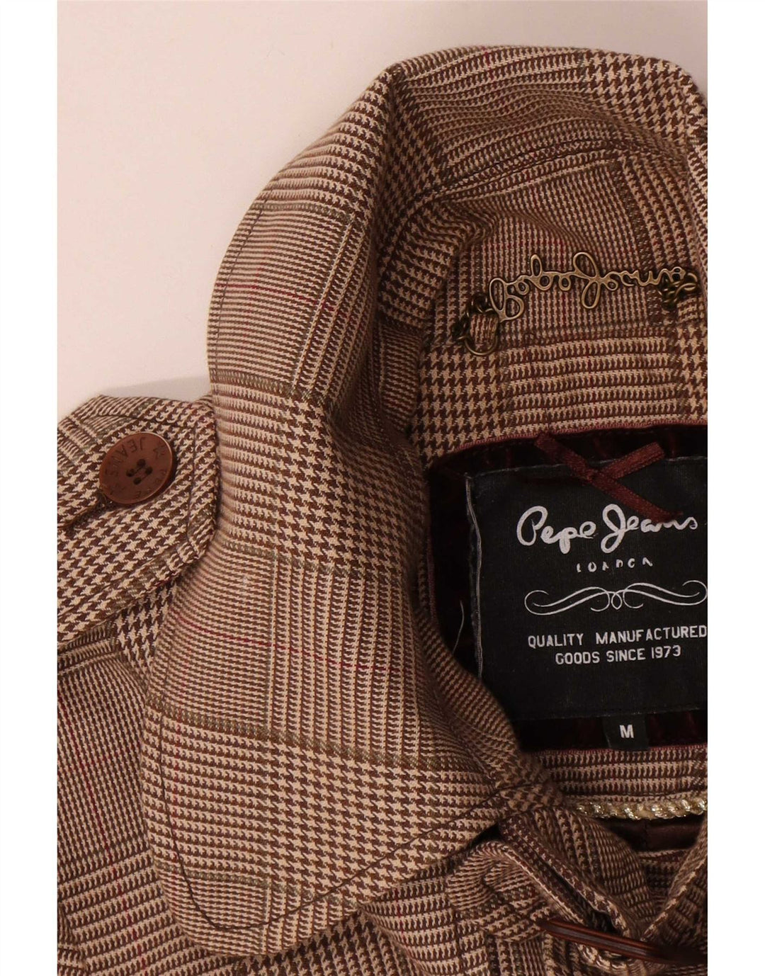 PEPE Jeans Damen Pea Coat mit Gürtel, UK 14, mittelbraune Hahnentritt-Baumwolle