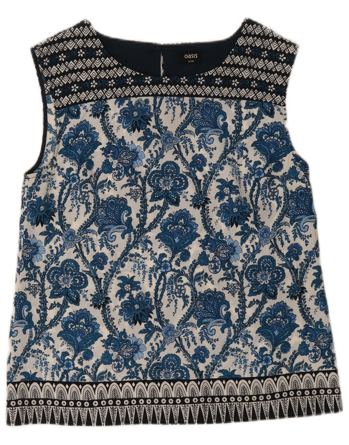 Oasis Ärmelloses Damen-Blusenoberteil UK 12 Mittelblaues, geblümtes Polyester