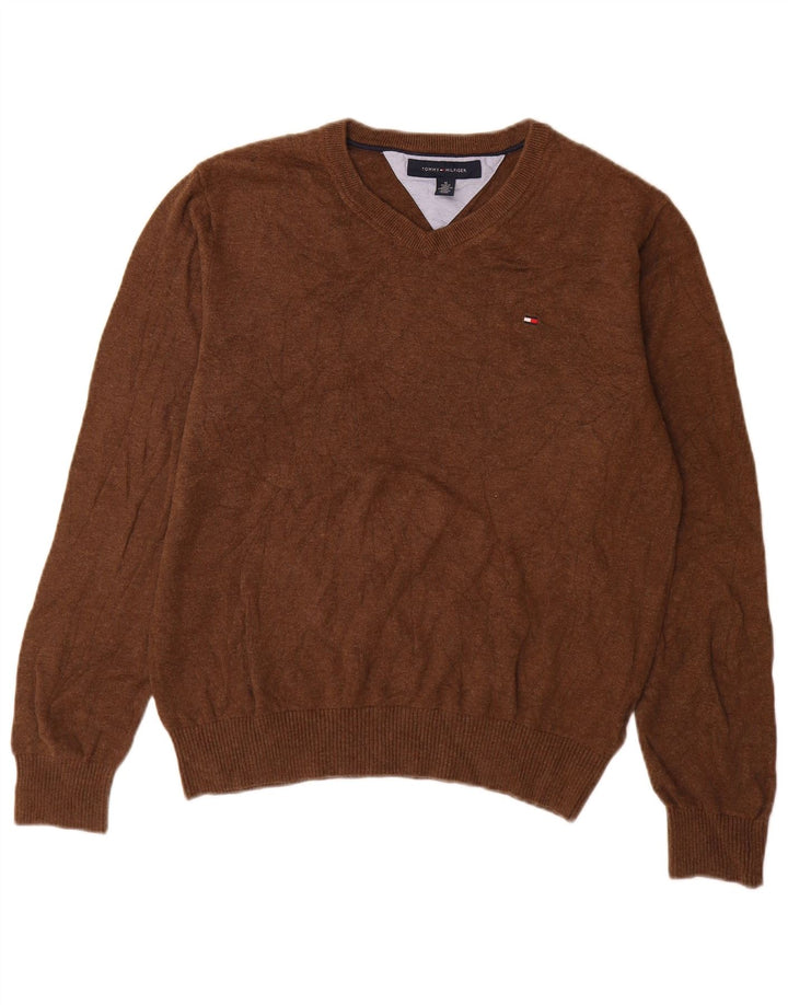 Tommy Hilfiger Herren-Pullover mit V-Ausschnitt aus mittelbrauner Baumwolle