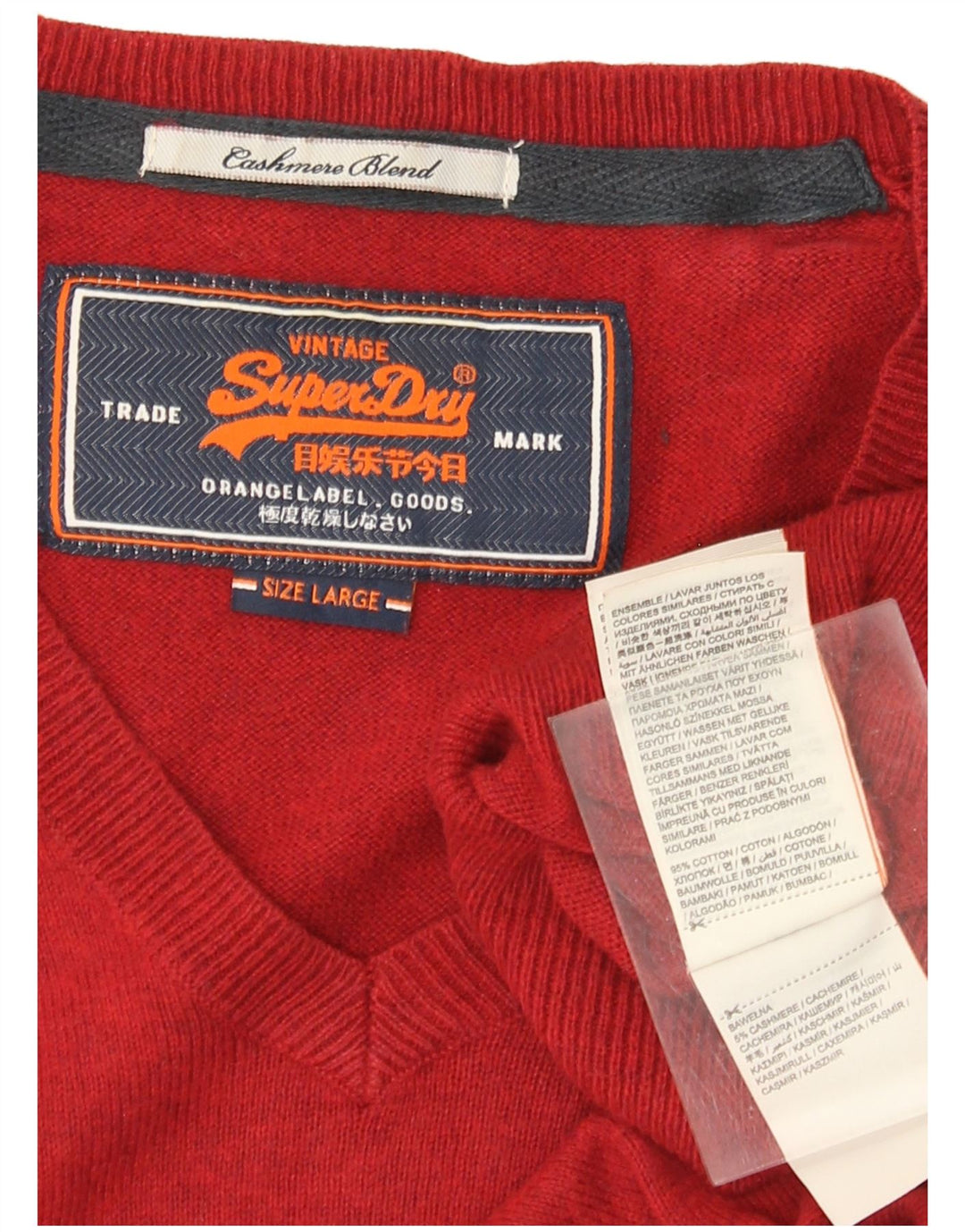 SUPERDRY Herren-Pullover mit V-Ausschnitt, Größe L, aus roter Baumwolle