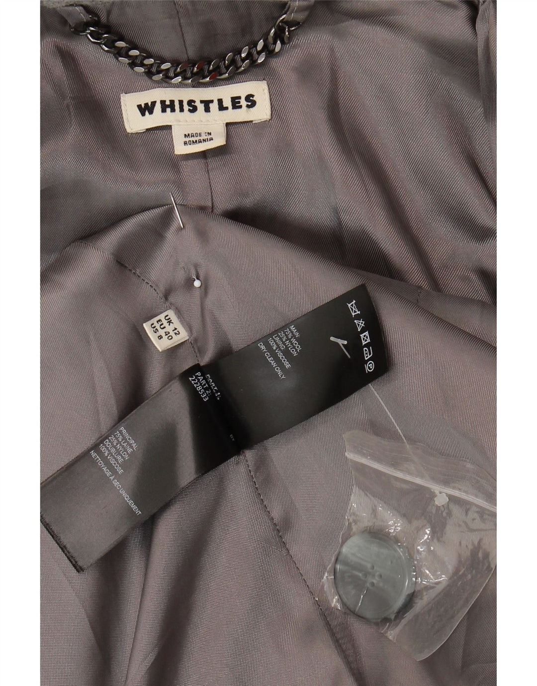 WHISTLE Womens Overcoat UK 12 Medium Grey Wool Vintage Whistle and Second-Hand Whistle from Messina Hembry 