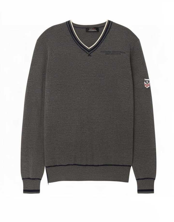 Zara Herren-Pullover mit grafischem V-Ausschnitt, Mittelgrau