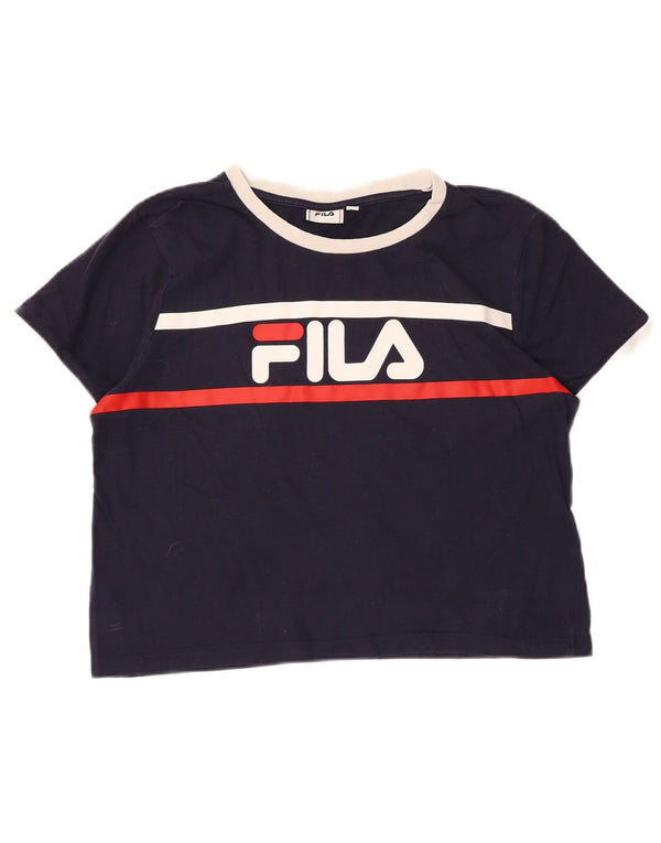 Fila Damen Crop Graphic T-Shirt Top UK 16 Large Marineblau Baumwolle