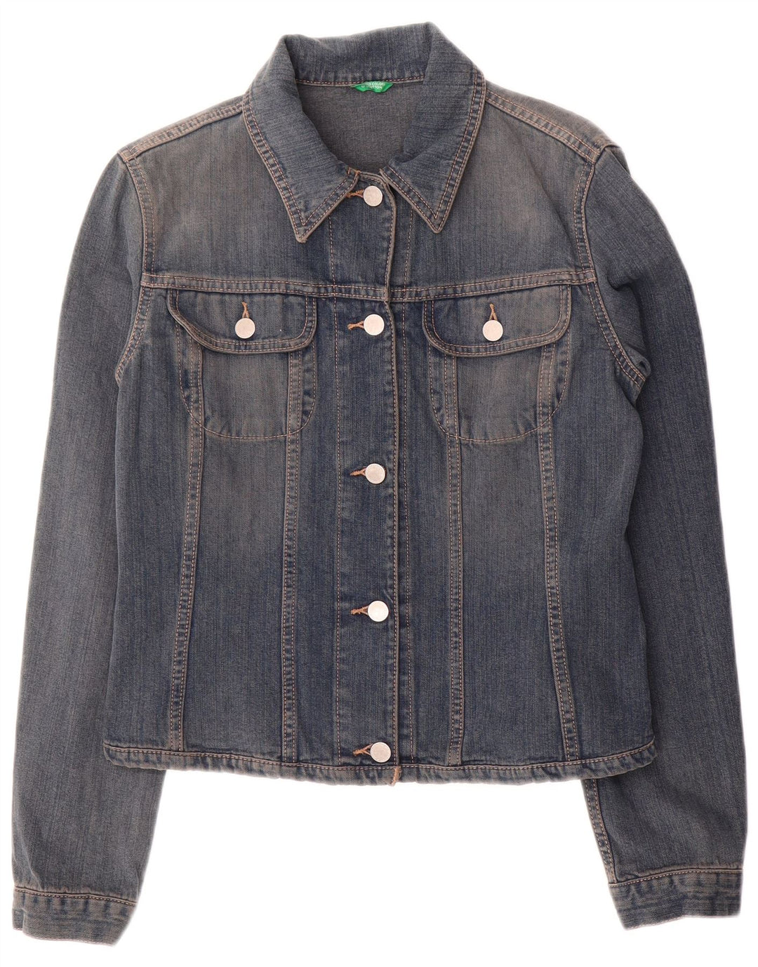 Benetton Damen Crop Denim Jacke UK 14 Mittelblaue Baumwolle