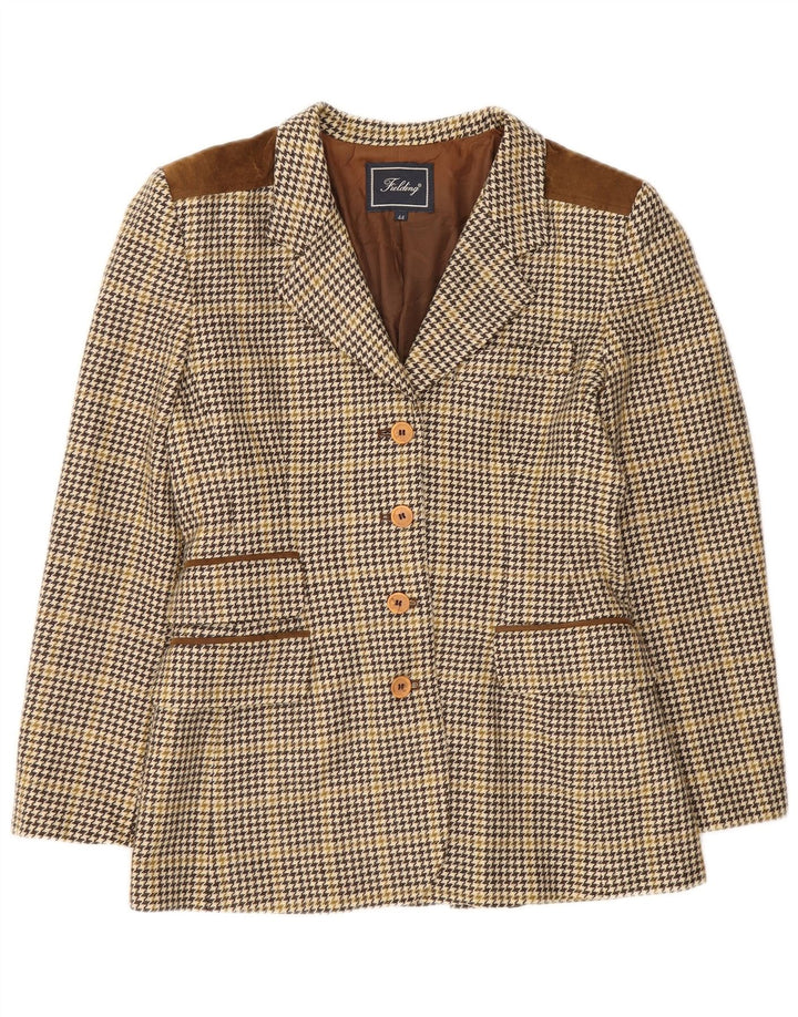 Vintage Damen 4-Knopf-Blazerjacke IT 44 Mittelbraune Hahnentrittwolle