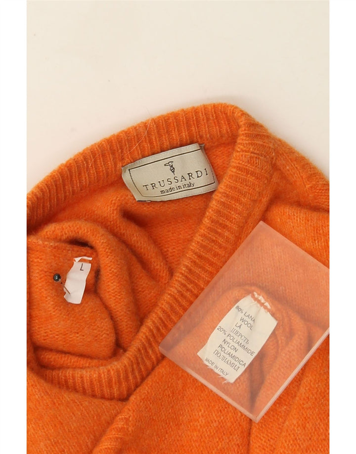 Trussardi Damen-Pullover mit Rundhalsausschnitt, UK 16, Größe L, orangefarbene Wolle