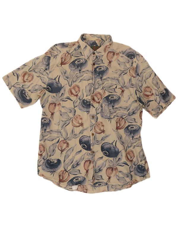 Vintage Herren-Kurzarmhemd mit abstraktem Muster, groß, beige Baumwolle