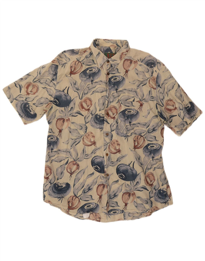 Vintage Herren-Kurzarmhemd mit abstraktem Muster, groß, beige Baumwolle