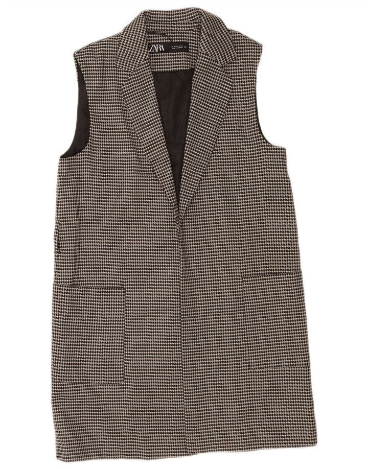 Zara Damen Longline ärmellose Blazerjacke UK 6 XS Schwarzer Hahnentritt