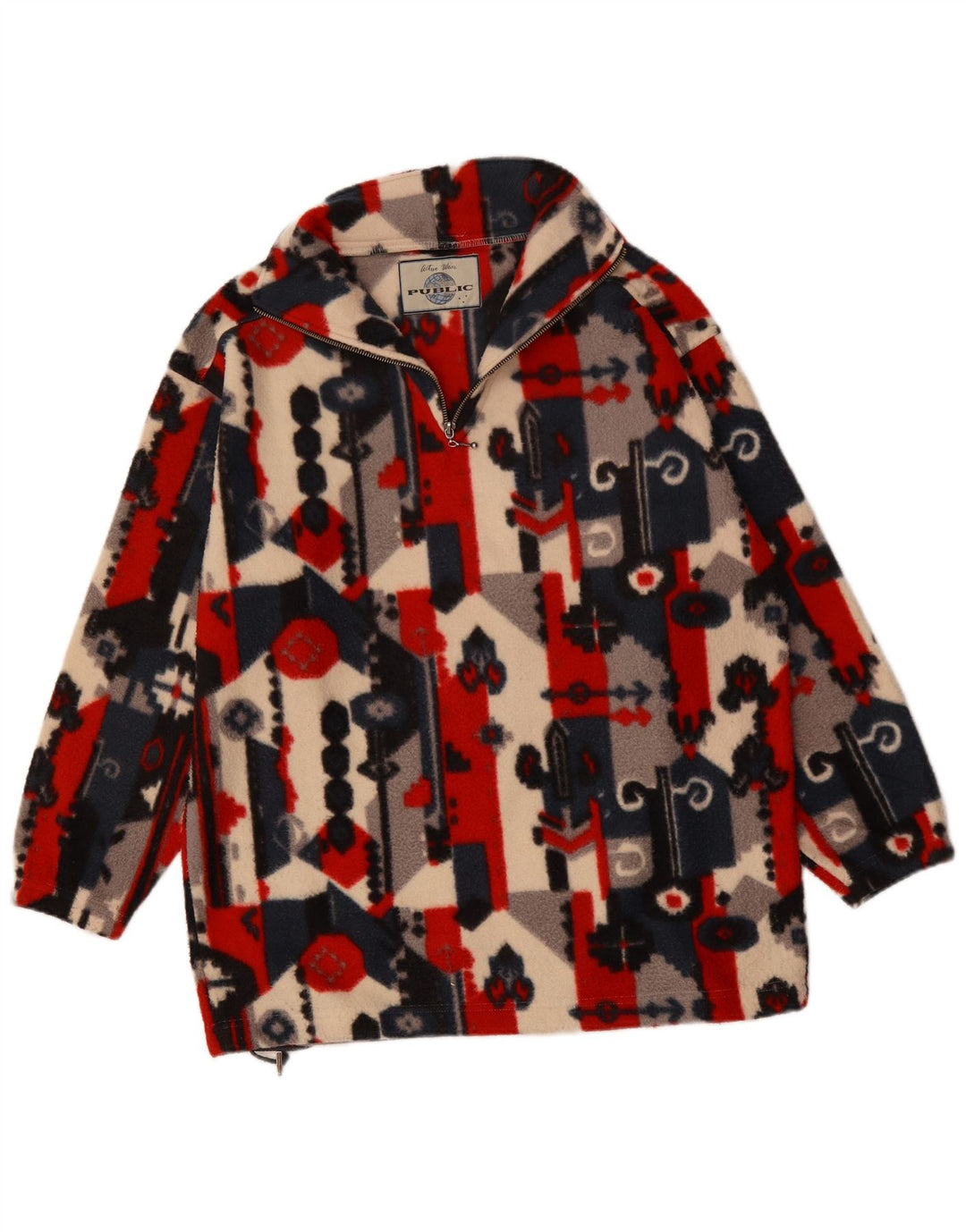 Public Herren-Fleecepullover mit Reißverschluss am Hals, Mittelrotes, geometrisches Polyester