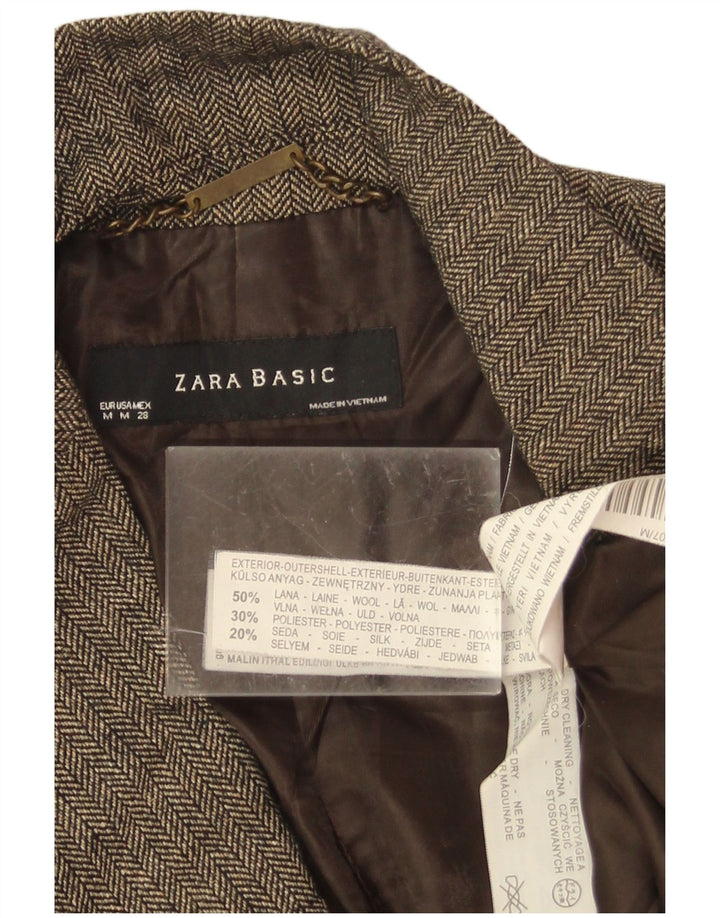 Zara Damen 1-Knopf-Blazerjacke UK 12 Mittelbraune Wolle mit Fischgrätenmuster