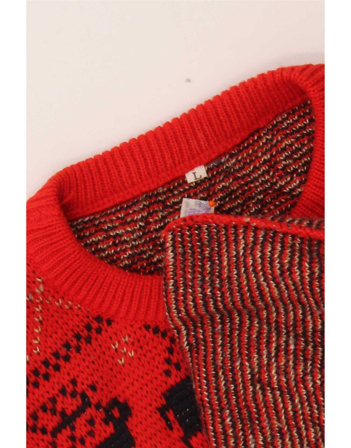 Vintage Herren-Pullover mit Rundhalsausschnitt, groß, rote Fair-Isle-Wolle