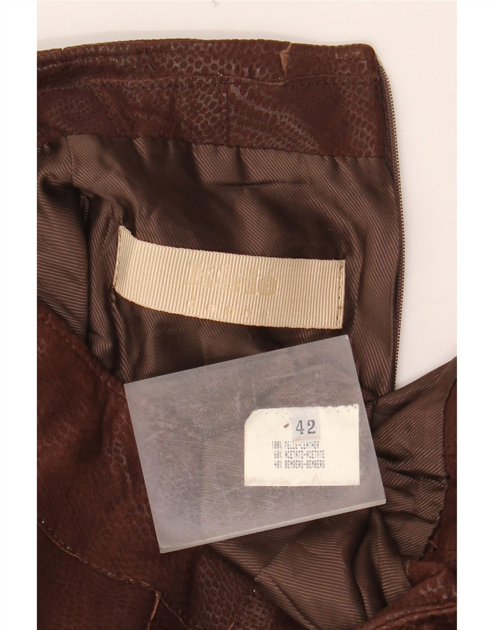 VINTAGE Damen Lederrock IT 42 Medium W30 Braunes Leder mit Animal-Print