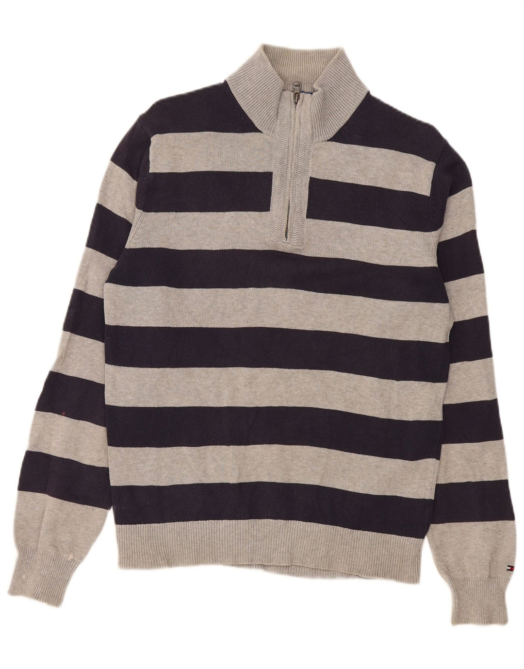 Tommy Hilfiger Herren-Pullover mit Reißverschluss, mittelgrau, gestreift, Baumwolle
