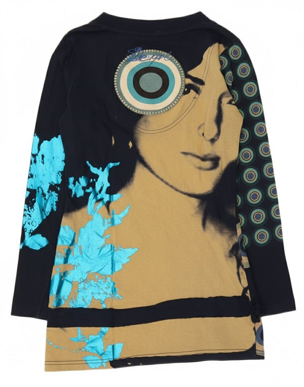 Desigual Damen Graphic Top Langarm UK 10 Small Marineblau