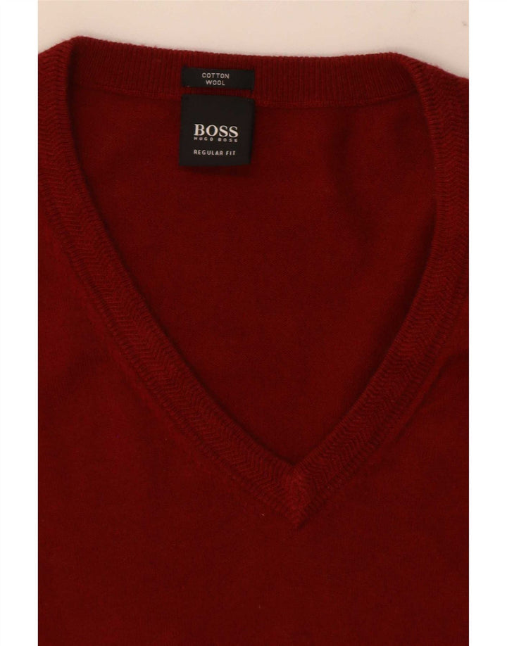 Hugo Boss Herren-Pullover mit normaler Passform, V-Ausschnitt, Mittelrot, Farbblock