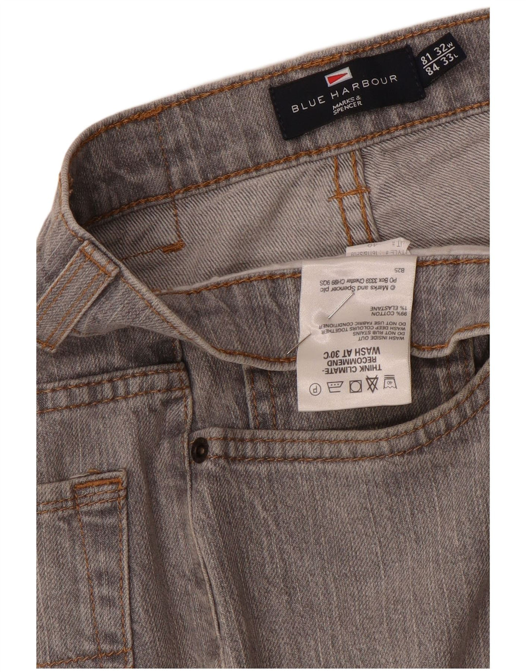 Marks & Spencer Herren Blue Harbor Straight Jeans W32 L30 Graue Baumwolle