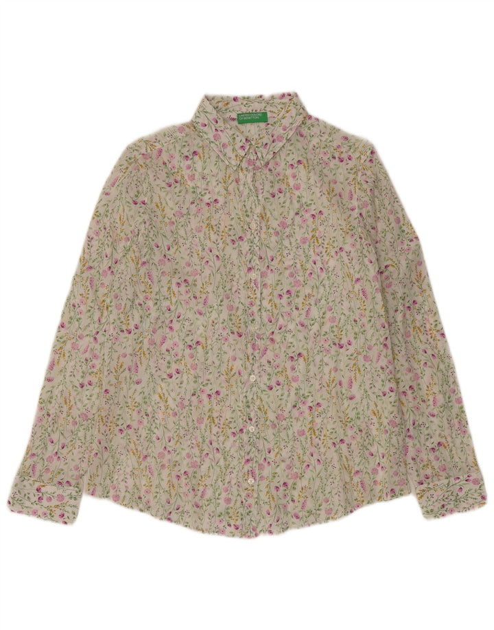 BENETTON Damen-Hemd UK 14 Mittelweiß geblümt