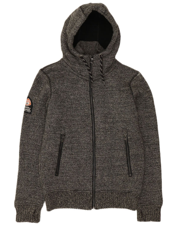SUPERDRY Mens Graphic Hooded Cardigan Sweater Medium Grey Flecked Acrylic