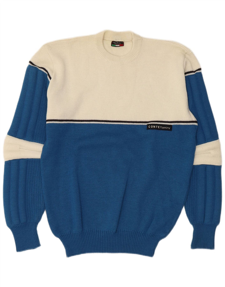 Vintage Herren-Pullover mit Rundhalsausschnitt, große blaue Colourblock-Wolle