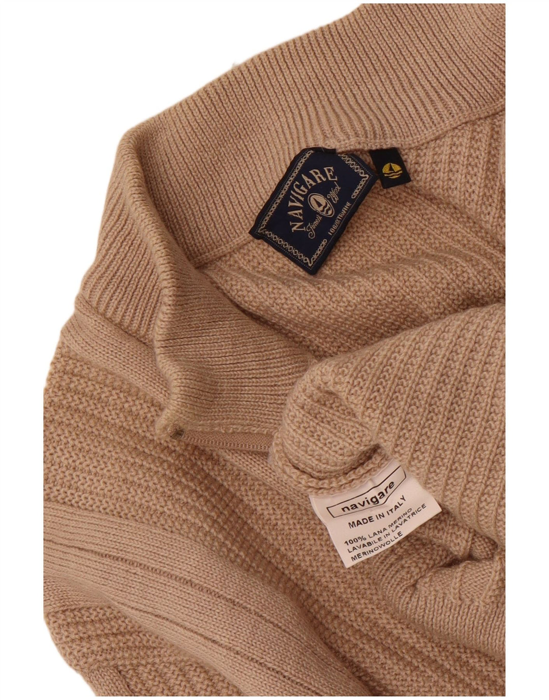 Navigare Herren-Pullover mit Reißverschluss am Hals, Größe S, beige, Merinowolle