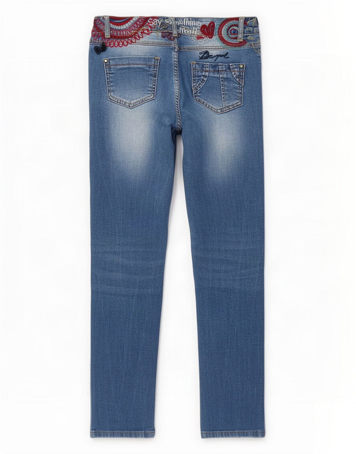 Desigual Damen Graphic Slim Jeans W30 L27 Blaues Polyester