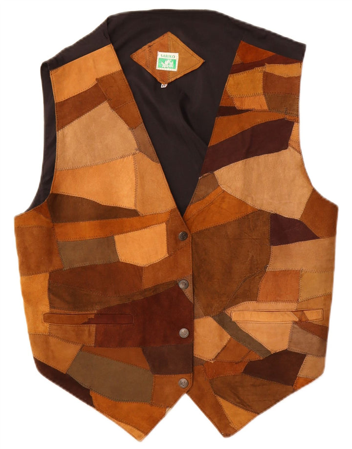Vintage Damen Wildlederweste UK 14 Mittelbraunes Patchwork-Leder
